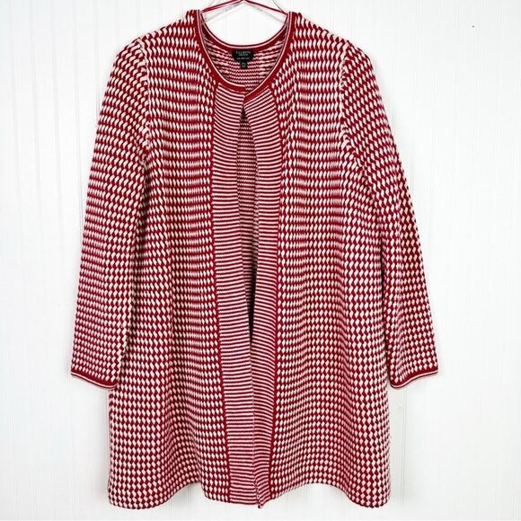 2XP TALBOTS‎ MERINO WOOL BASKETWEAVE DUSTER LONG CARDIGAN RED WHITE - Picture 6 of 11